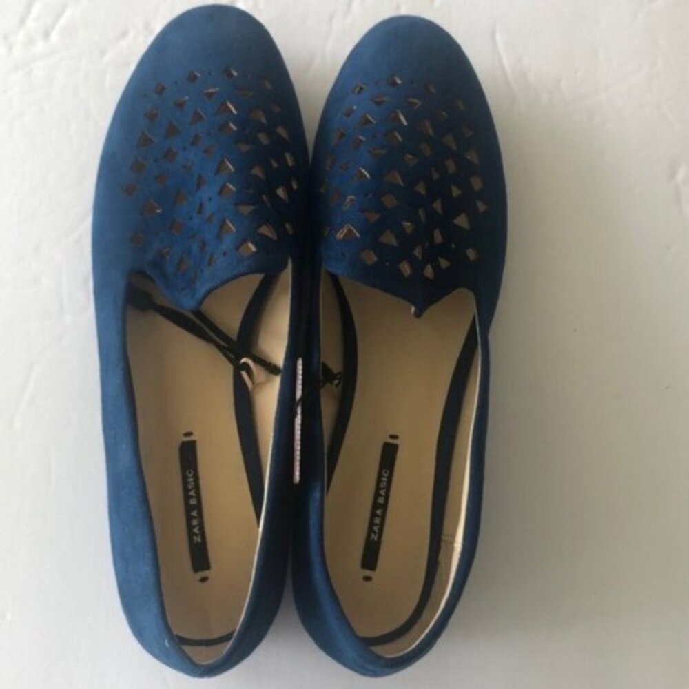 Zara Basic Shoes Suede Flat  Cut Out Blue Slip On Loafers Sz.39/ 8/25.3cm